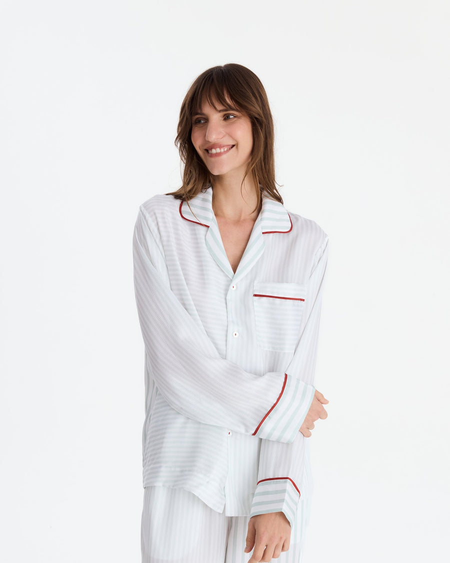 Sunday Citizen Silky Lyocell Mare Long PJ Set Misty Blue - White