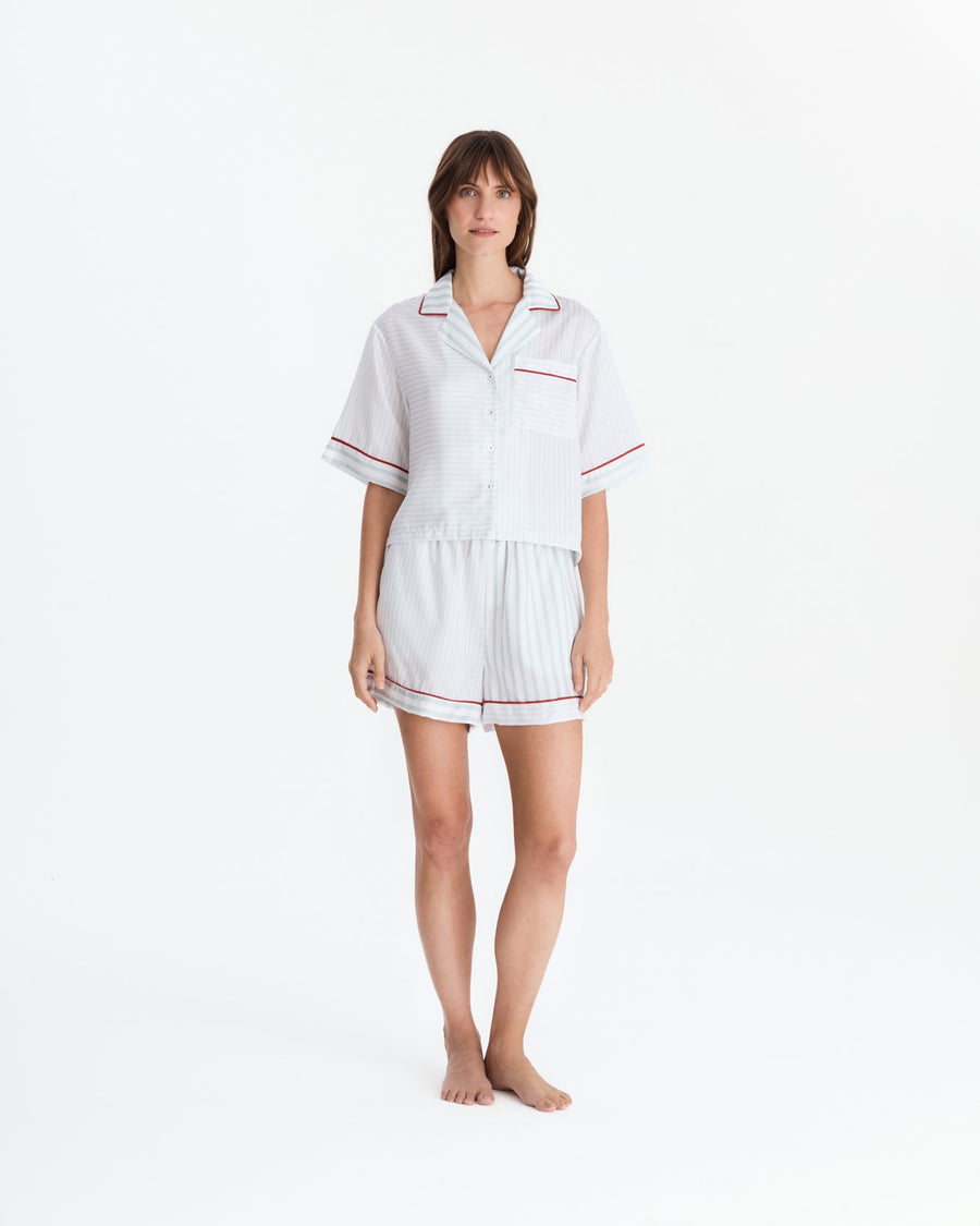 Sunday Citizen Silky Lyocell Mare Short PJ Set Misty Blue - White